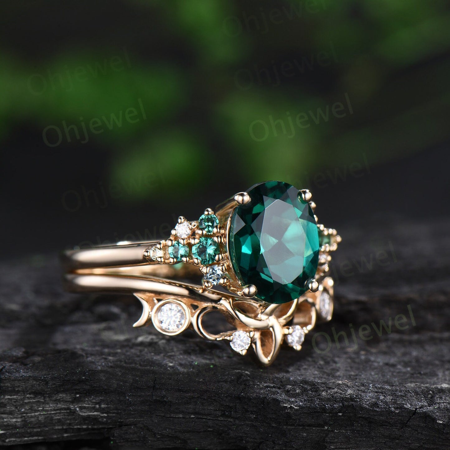 Vintage oval cut emerald engagement ring set solid 14k rose gold cluster snowdrift peridot topaz ring women gemstone ring unique bridal ring