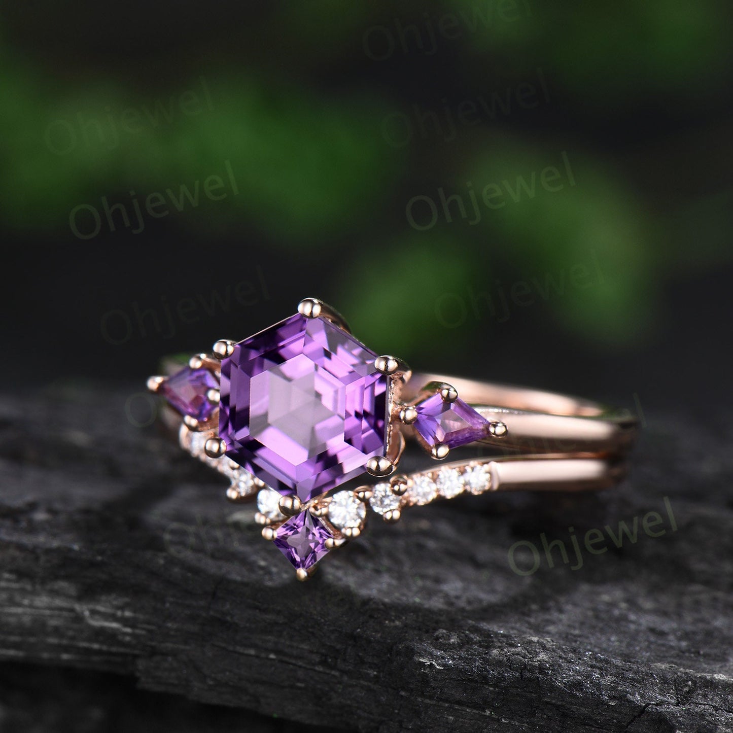 Hexagon cut purple amethyst ring rose gold kite three stone unique engagement ring minimalist moissanite anniversary ring set gift for women