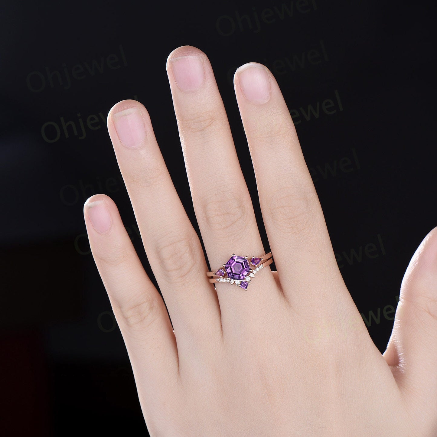 Hexagon cut purple amethyst ring rose gold kite three stone unique engagement ring minimalist moissanite anniversary ring set gift for women