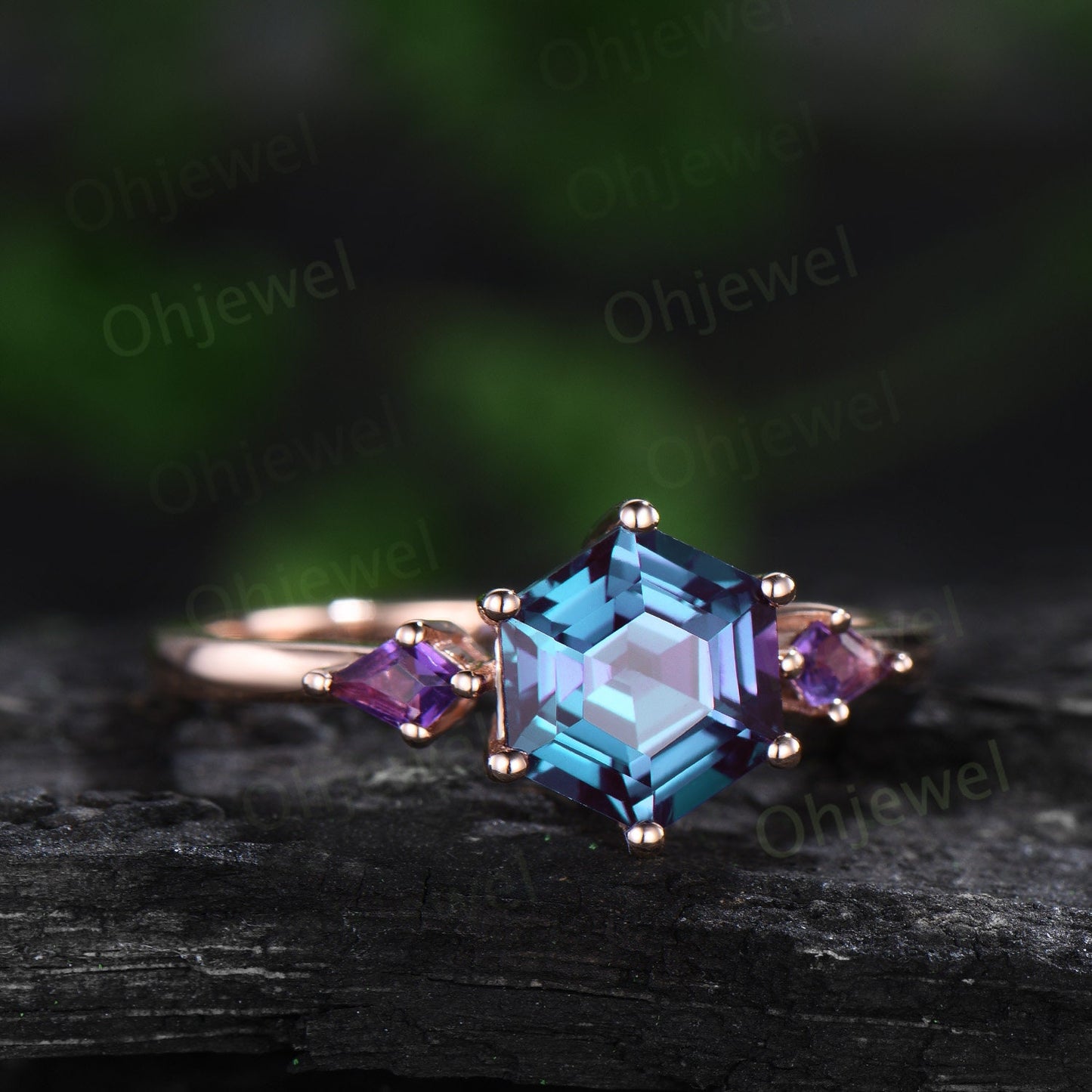 Hexagon cut alexandrite ring vintage rose gold three stone unique engagement ring kite amethyst ring women promise bridal ring set jewelry