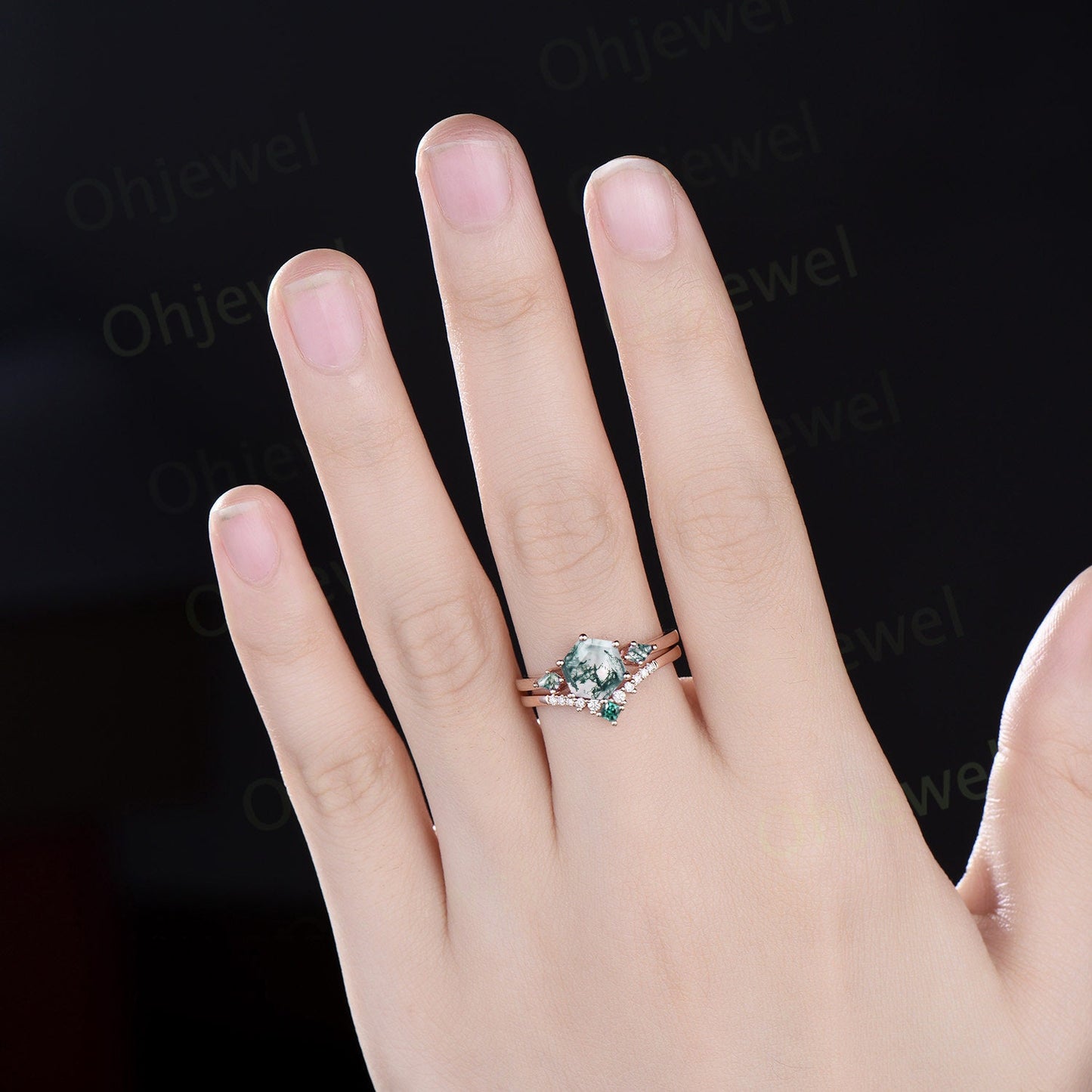 Hexagon cut green moss agate ring vintage rose gold three stone unique engagement ring moissanite emerald promise bridal ring set jewelry