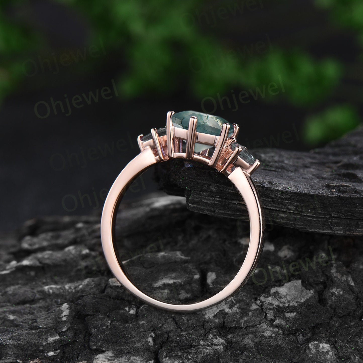 Hexagon cut green moss agate ring vintage rose gold three stone unique engagement ring moissanite emerald promise bridal ring set jewelry