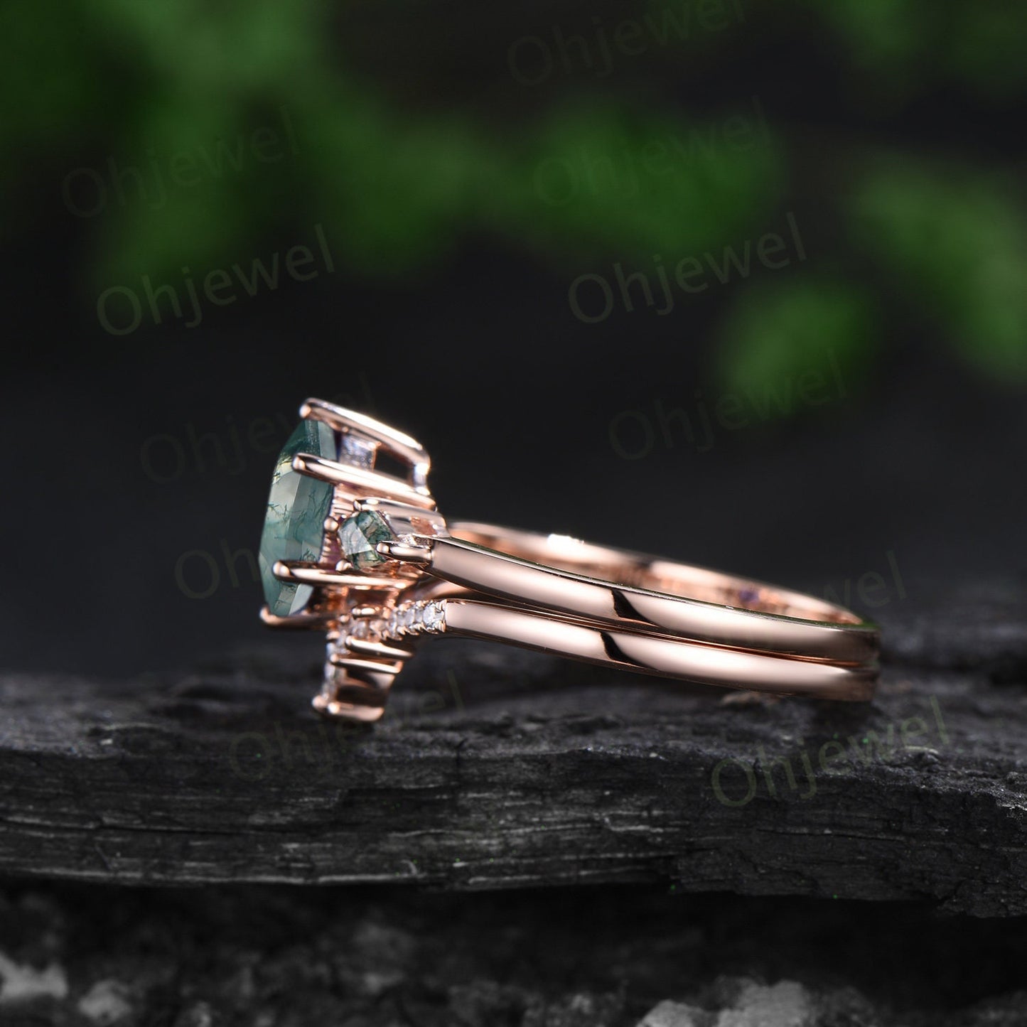 Hexagon cut green moss agate ring vintage rose gold three stone unique engagement ring moissanite emerald promise bridal ring set jewelry