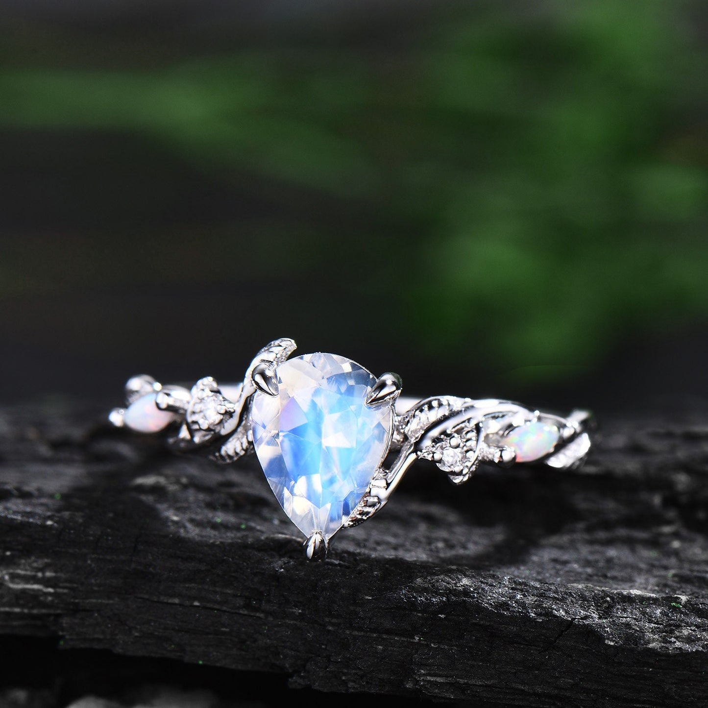 Vintage pear shaped moonstone engagement ring women white gold nature inspired leaf opal alexandrite wedding bridal ring set jewelry