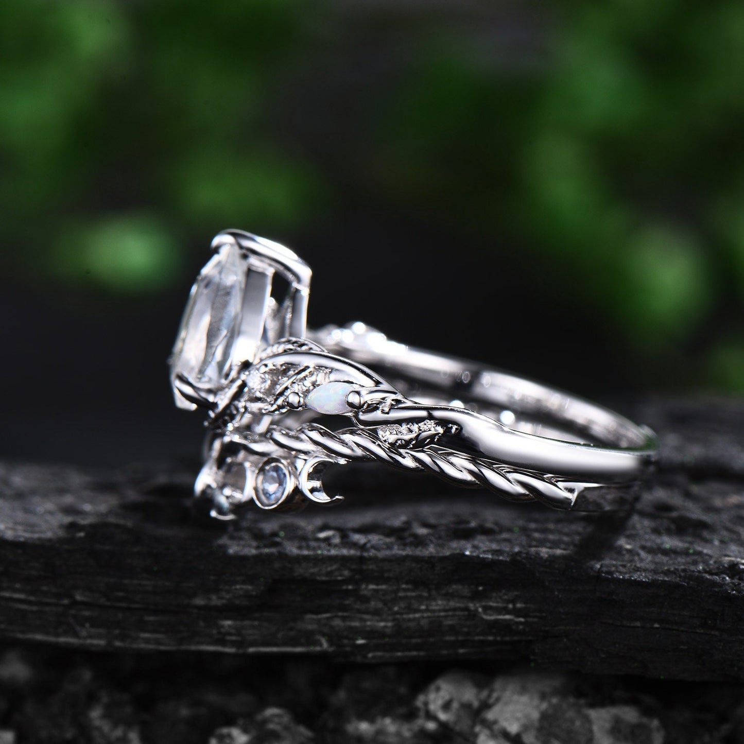Vintage pear shaped moonstone engagement ring women white gold nature inspired leaf opal alexandrite wedding bridal ring set jewelry