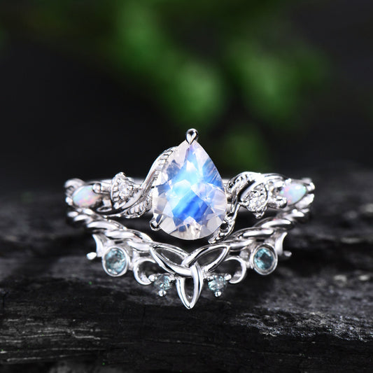 Vintage pear shaped moonstone engagement ring women white gold nature inspired leaf opal alexandrite wedding bridal ring set jewelry