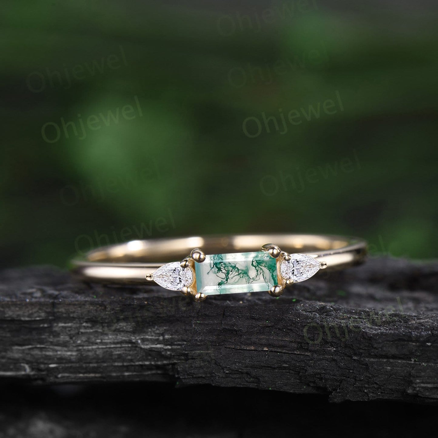 Dainty pear Baguette cut moss agate ring solid 14k rose gold three stone unique engagement ring women wedding anniversary ring gift for her