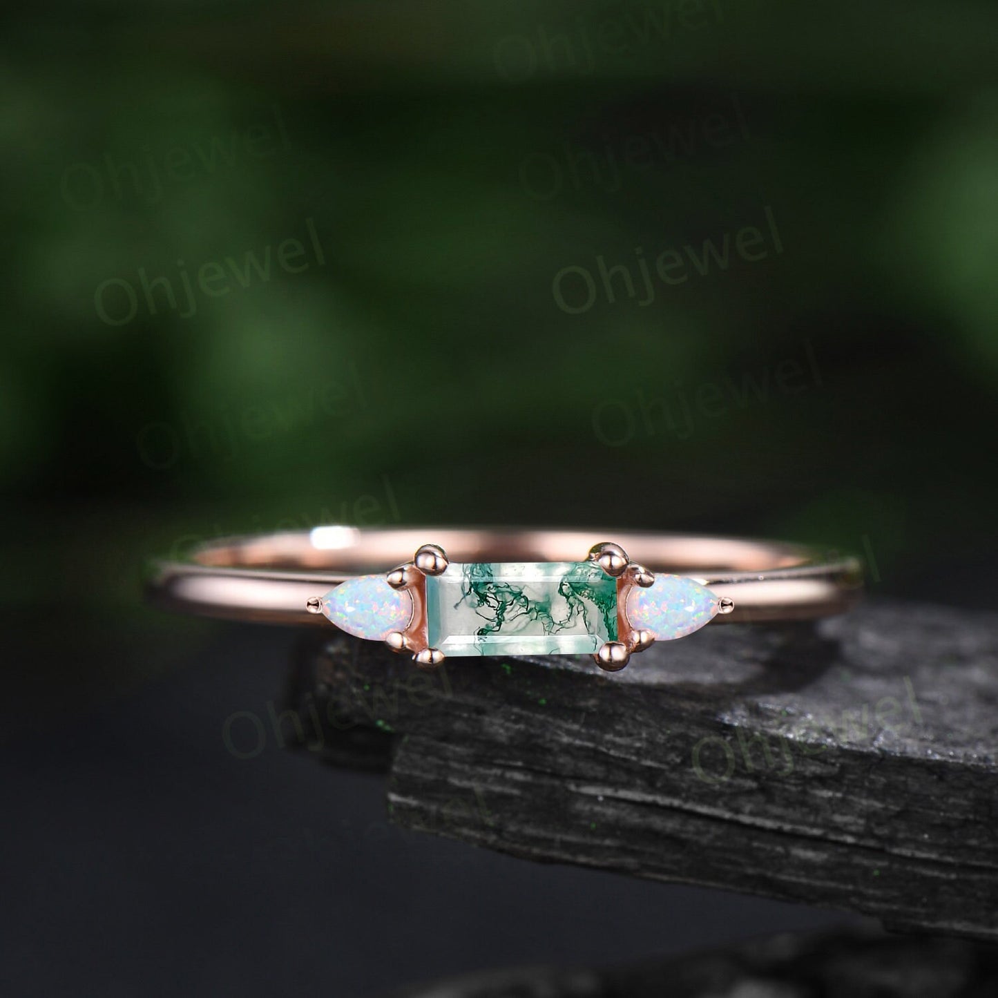 Dainty pear Baguette cut moss agate ring solid 14k rose gold three stone unique engagement ring women wedding anniversary ring gift for her