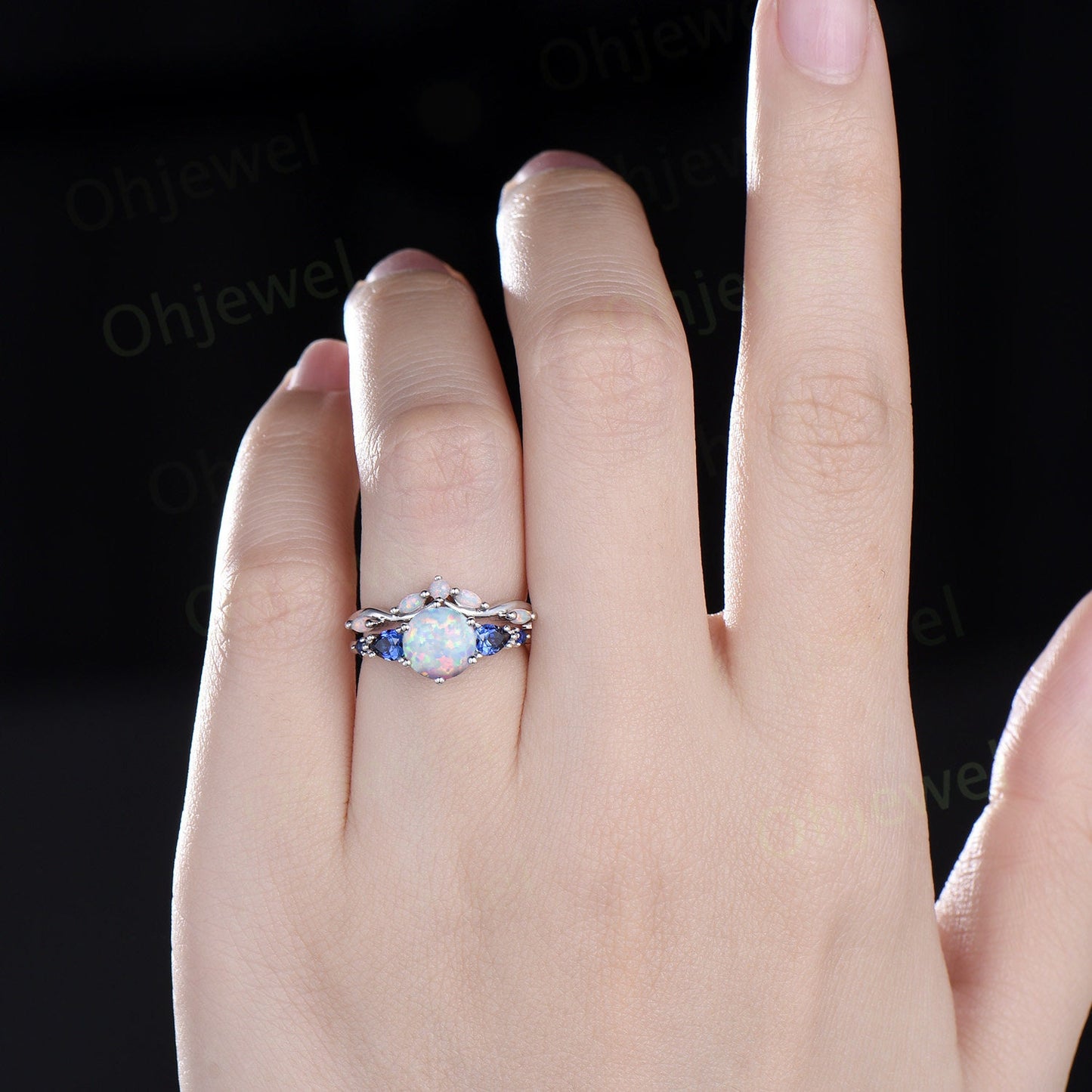 Round opal ring vintage five stone white gold unique engagement ring women pear sapphire ring 6 prong anniversary ring set gift jewelry