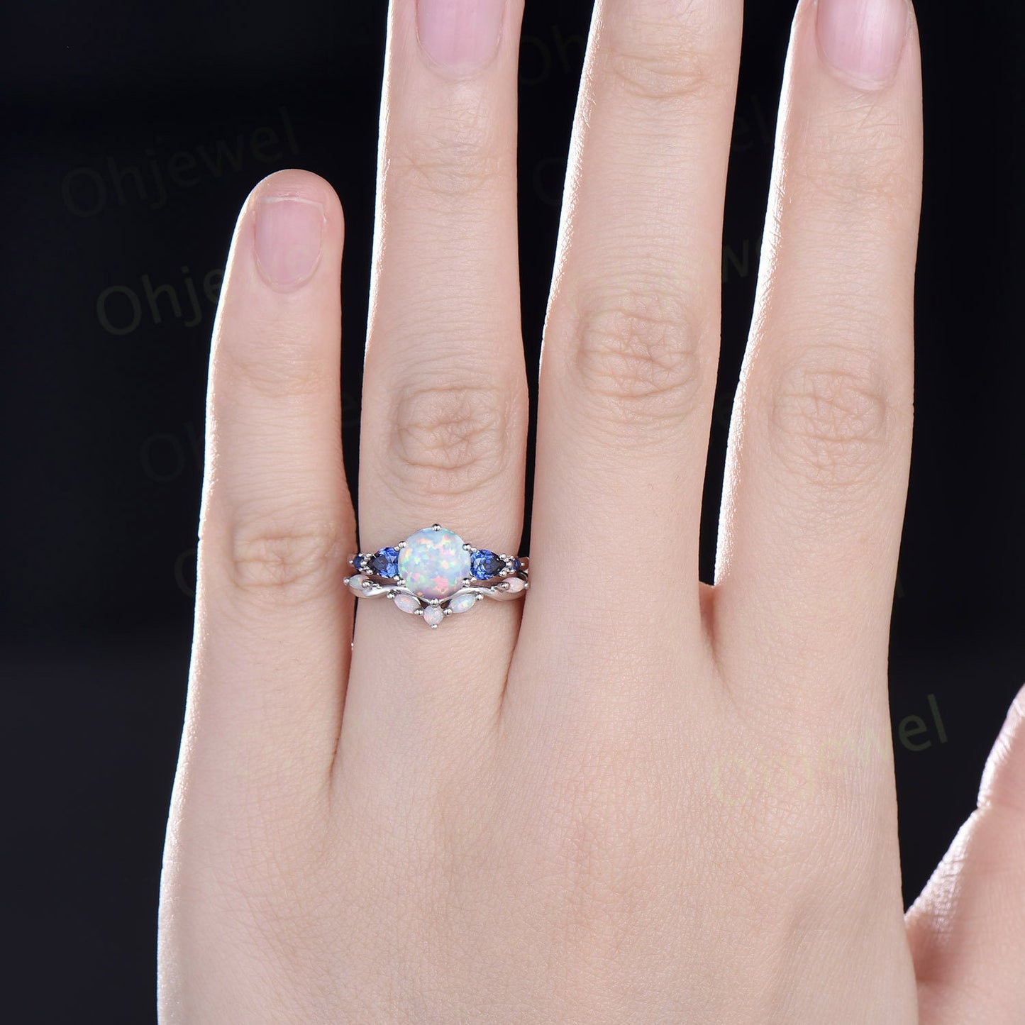 Round opal ring vintage five stone white gold unique engagement ring women pear sapphire ring 6 prong anniversary ring set gift jewelry