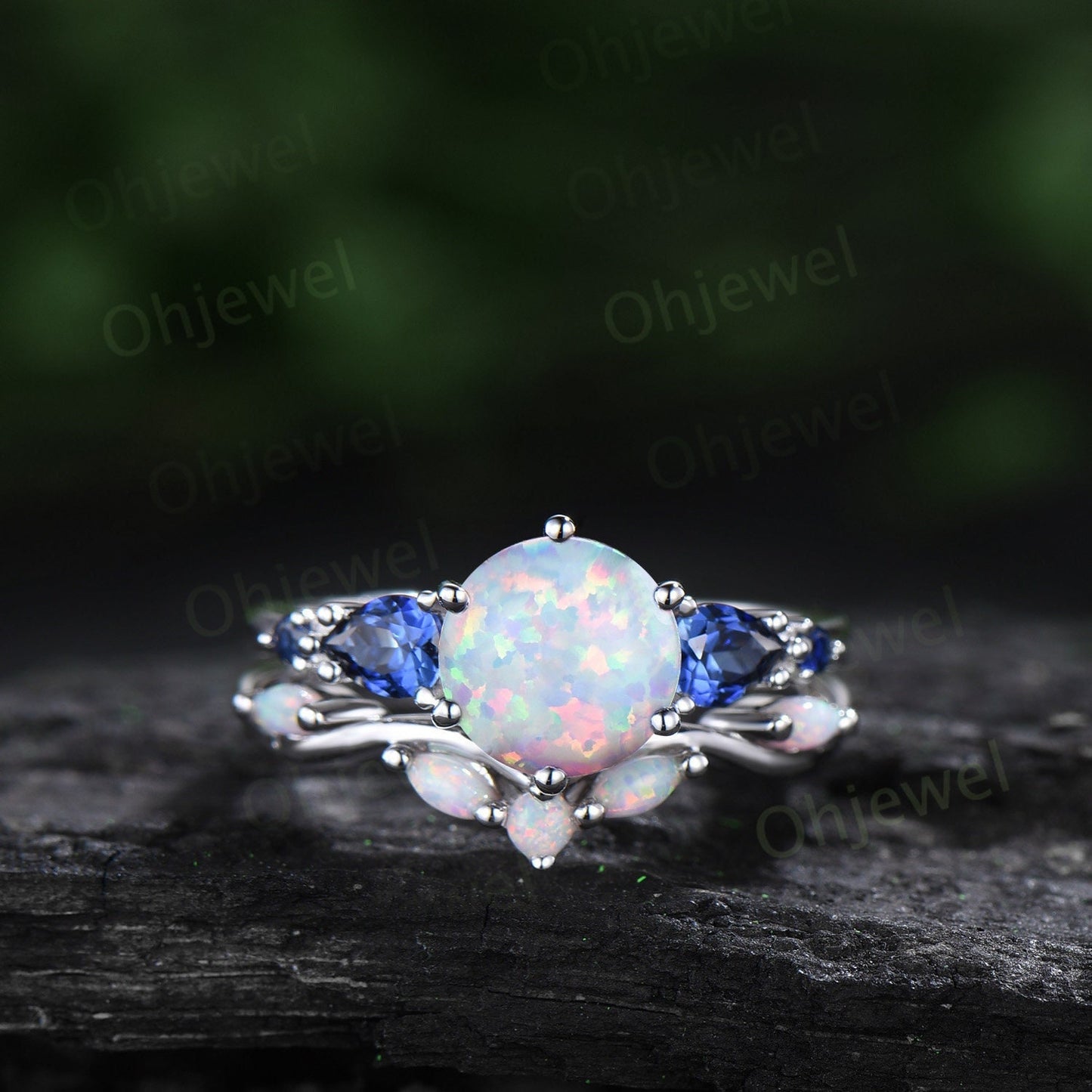 Round opal ring vintage five stone white gold unique engagement ring women pear sapphire ring 6 prong anniversary ring set gift jewelry