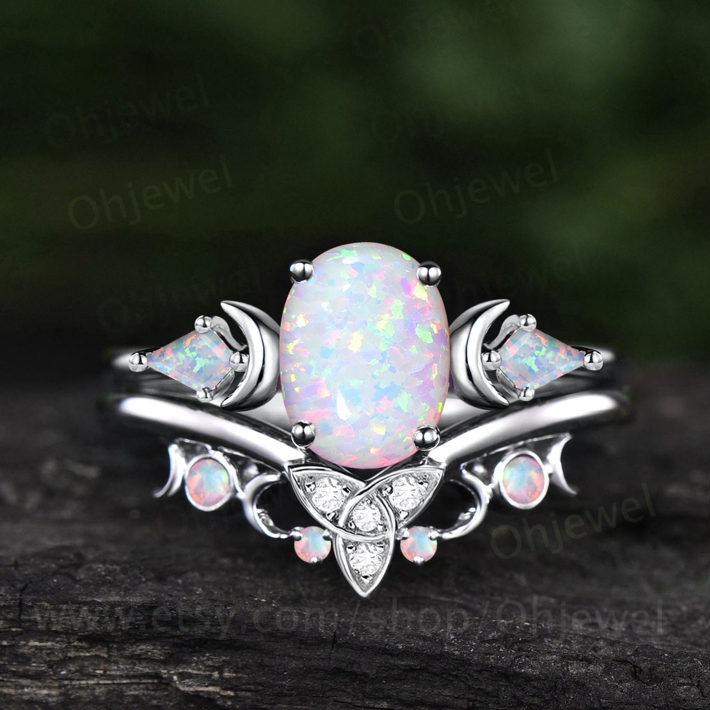 Oval white opal ring rose gold three stone moon unique engagement ring kite opal ring silver celtic knot wedding band women gift jewelry