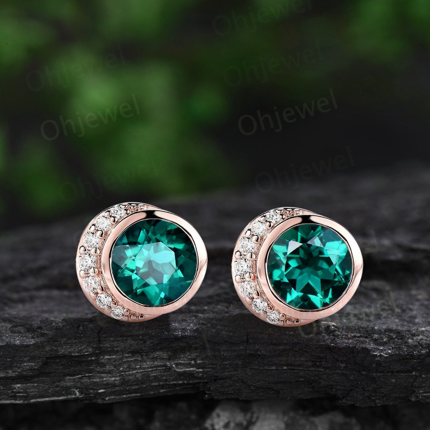 Bezel round cut green emerald earrings solid 14k yellow gold vintage moon diamond stud earrings women dainty bridal anniversary gift jewelry