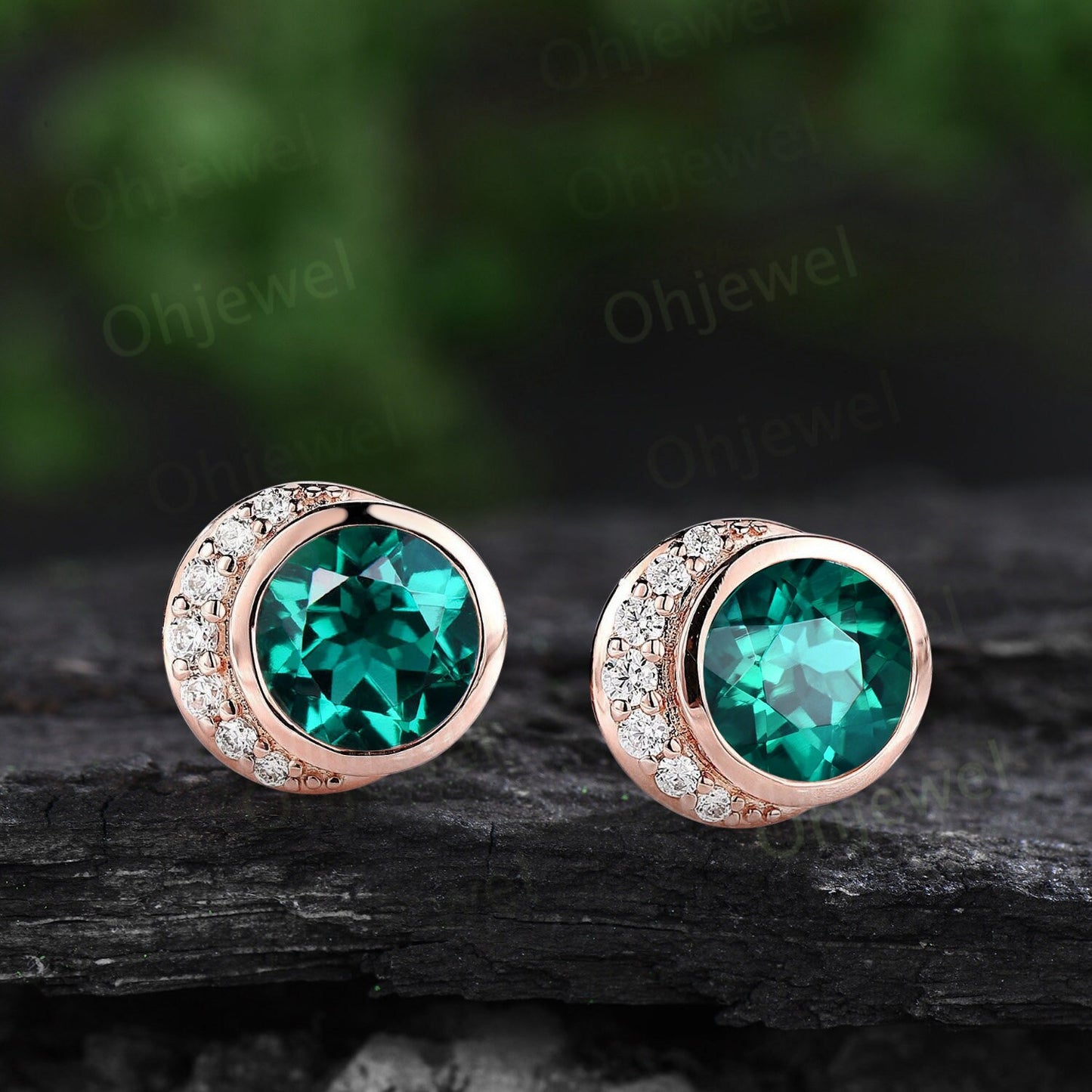 Bezel round cut green emerald earrings solid 14k yellow gold vintage moon diamond stud earrings women dainty bridal anniversary gift jewelry
