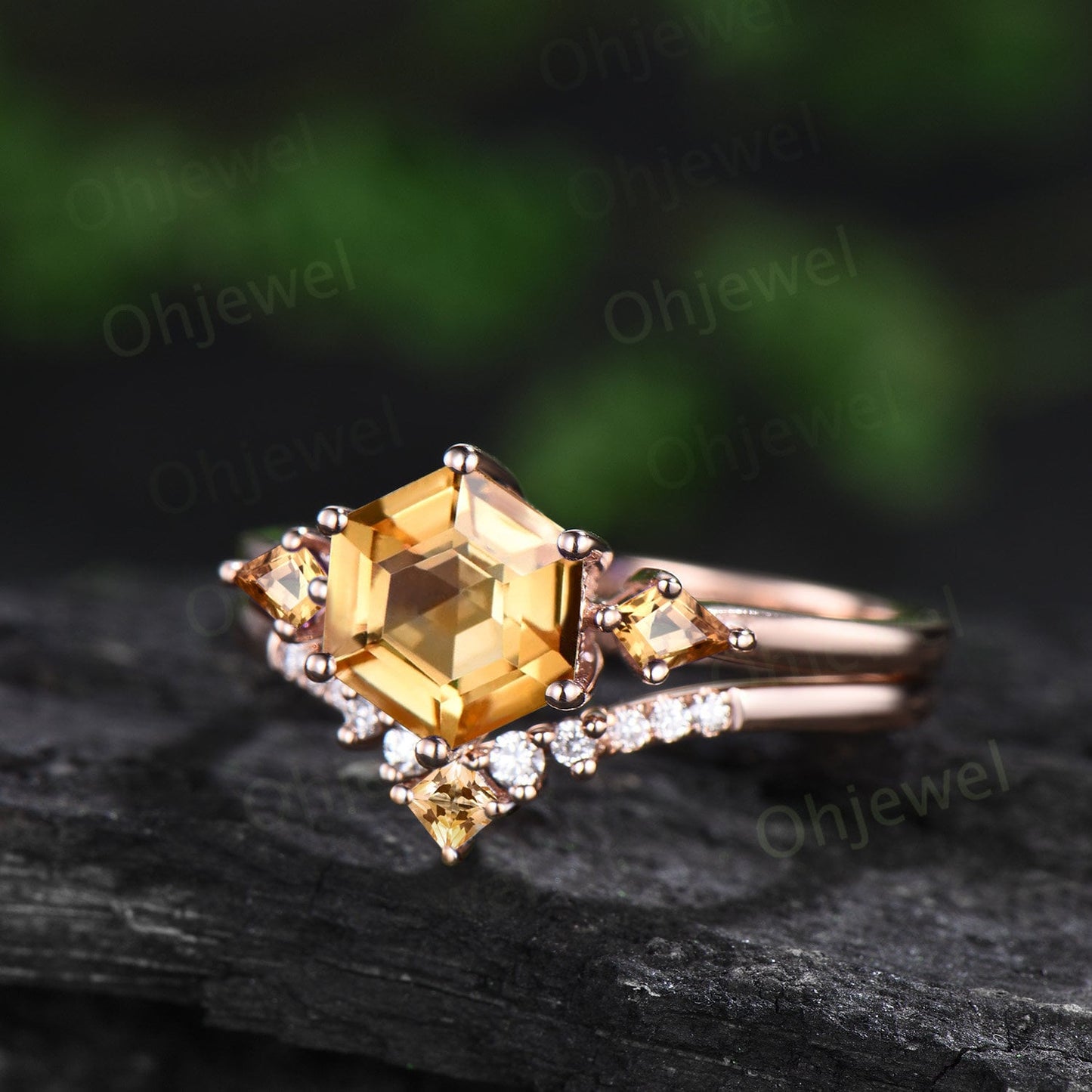 Hexagon cut citrine engagement ring 14k yellow gold three stone kite citrine ring women crystal gemstone wedding anniversary ring set gift