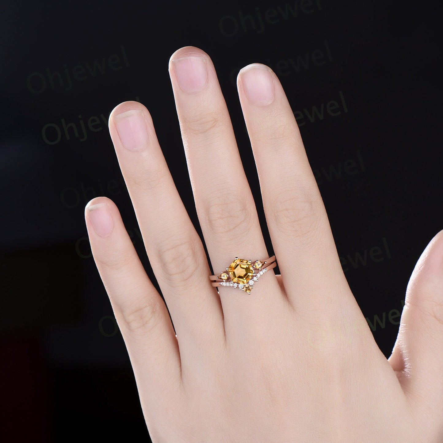 Hexagon cut citrine engagement ring 14k yellow gold three stone kite citrine ring women crystal gemstone wedding anniversary ring set gift