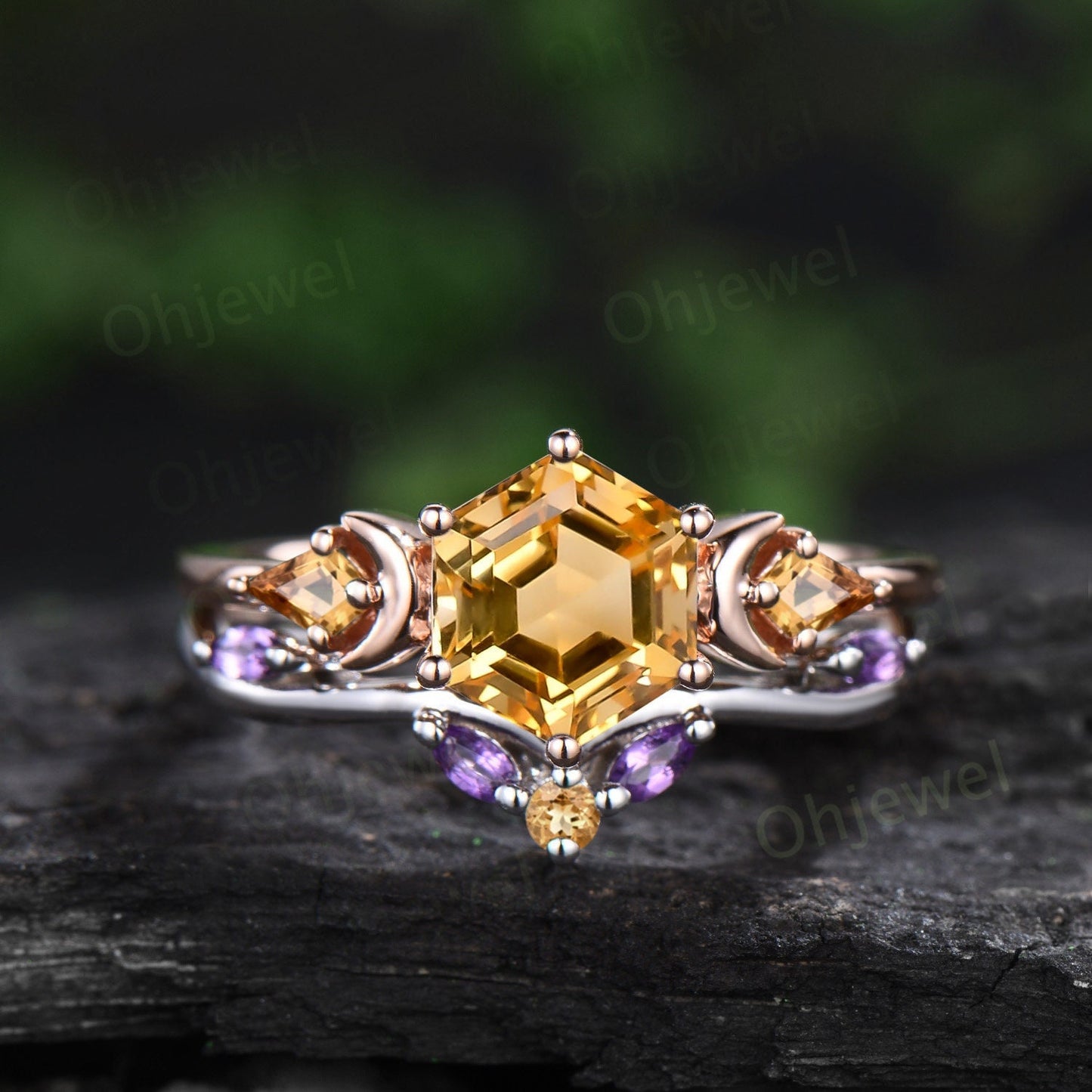 Hexagon cut yellow citrine ring vintage moon three stone unique engagement ring women marquise amethyst bridal anniversary ring set gift