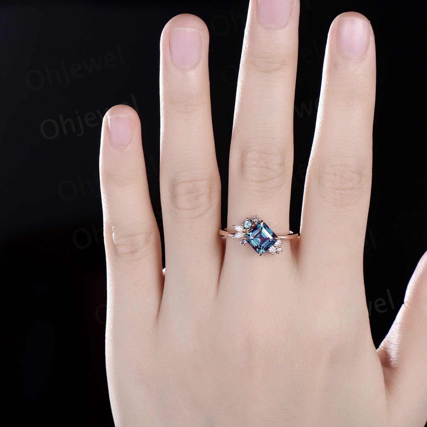 Asscher cut Alexandrite ring women unique cluster engagement ring rose gold claw prong diamond promise anniversary ring gift
