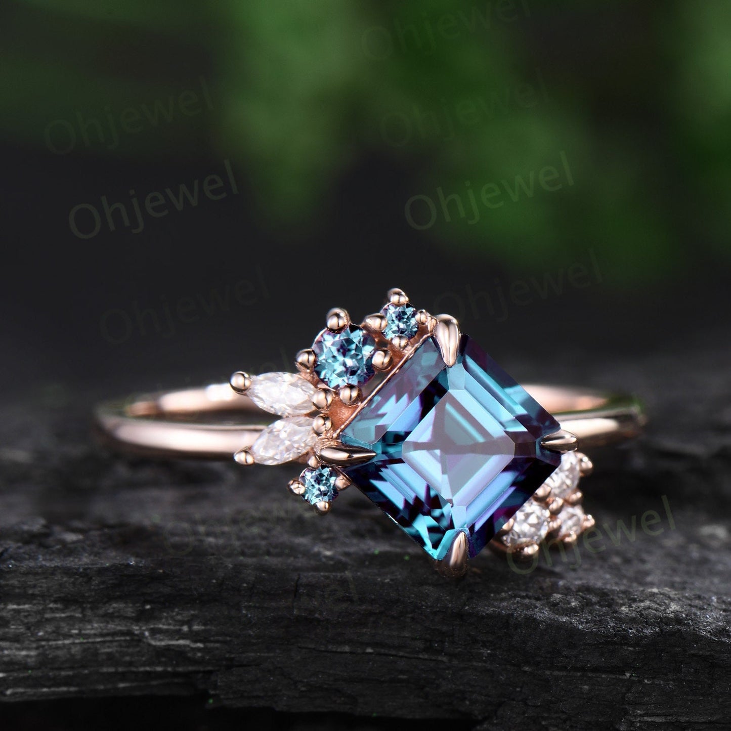 Asscher cut Alexandrite ring women unique cluster engagement ring rose gold claw prong diamond promise anniversary ring gift