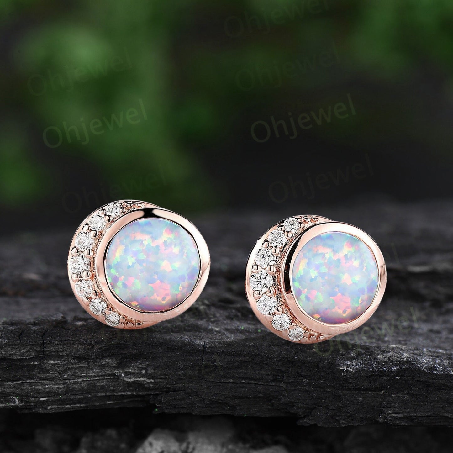 Bezel round white opal earrings solid 14k yellow gold vintage moon diamond stud earrings women dainty bridal anniversary gift jewelry