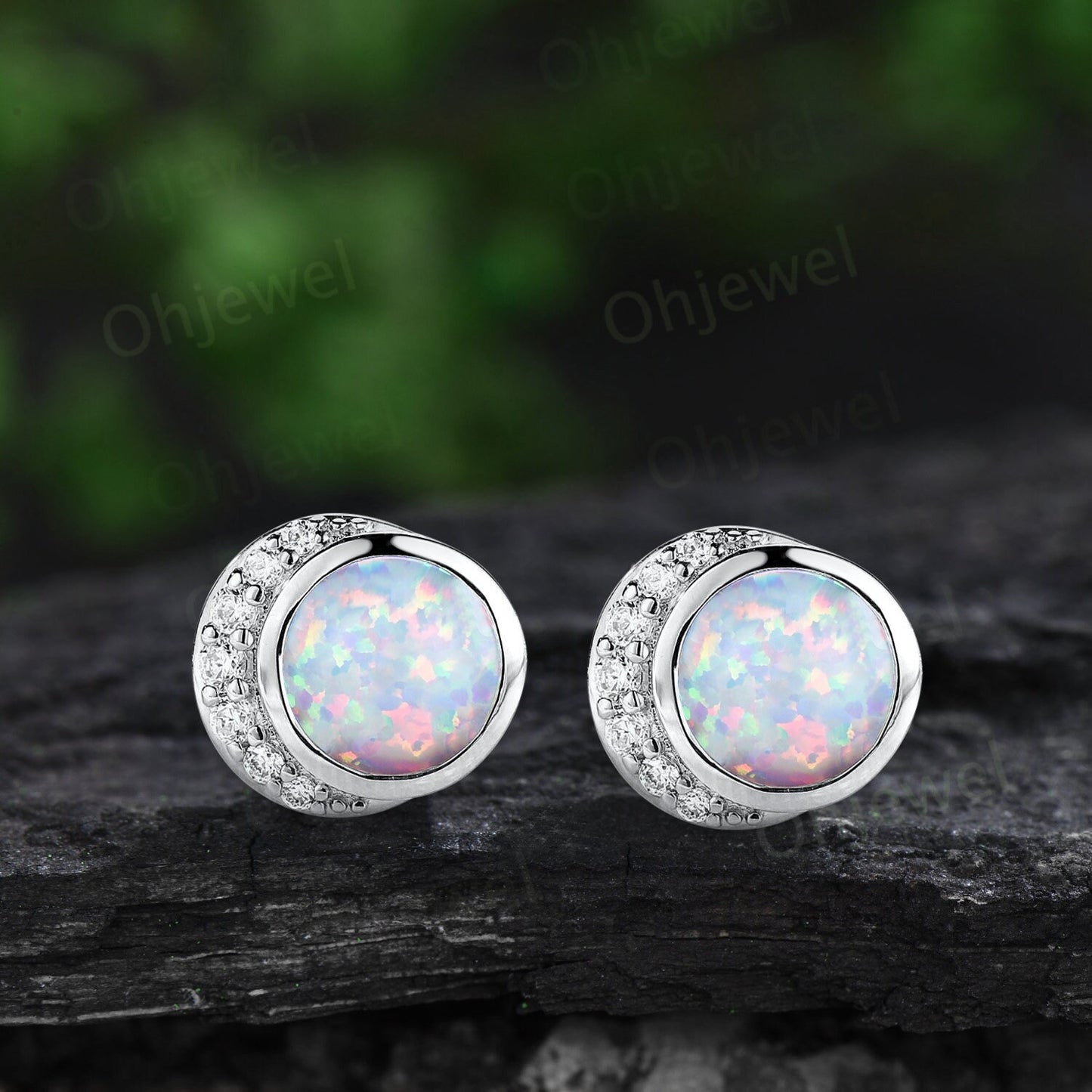 Bezel round white opal earrings solid 14k yellow gold vintage moon diamond stud earrings women dainty bridal anniversary gift jewelry