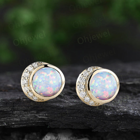 Bezel round white opal earrings solid 14k yellow gold vintage moon diamond stud earrings women dainty bridal anniversary gift jewelry