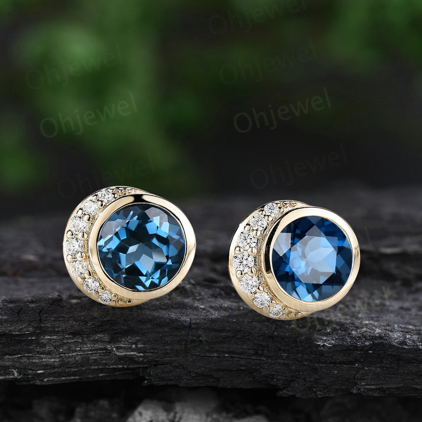 Bezel round London blue topaz earrings solid 14k yellow gold vintage moon diamond stud earrings women dainty bridal anniversary gift jewelry