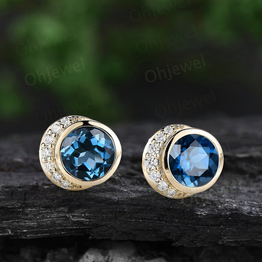 Bezel round London blue topaz earrings solid 14k yellow gold vintage moon diamond stud earrings women dainty bridal anniversary gift jewelry