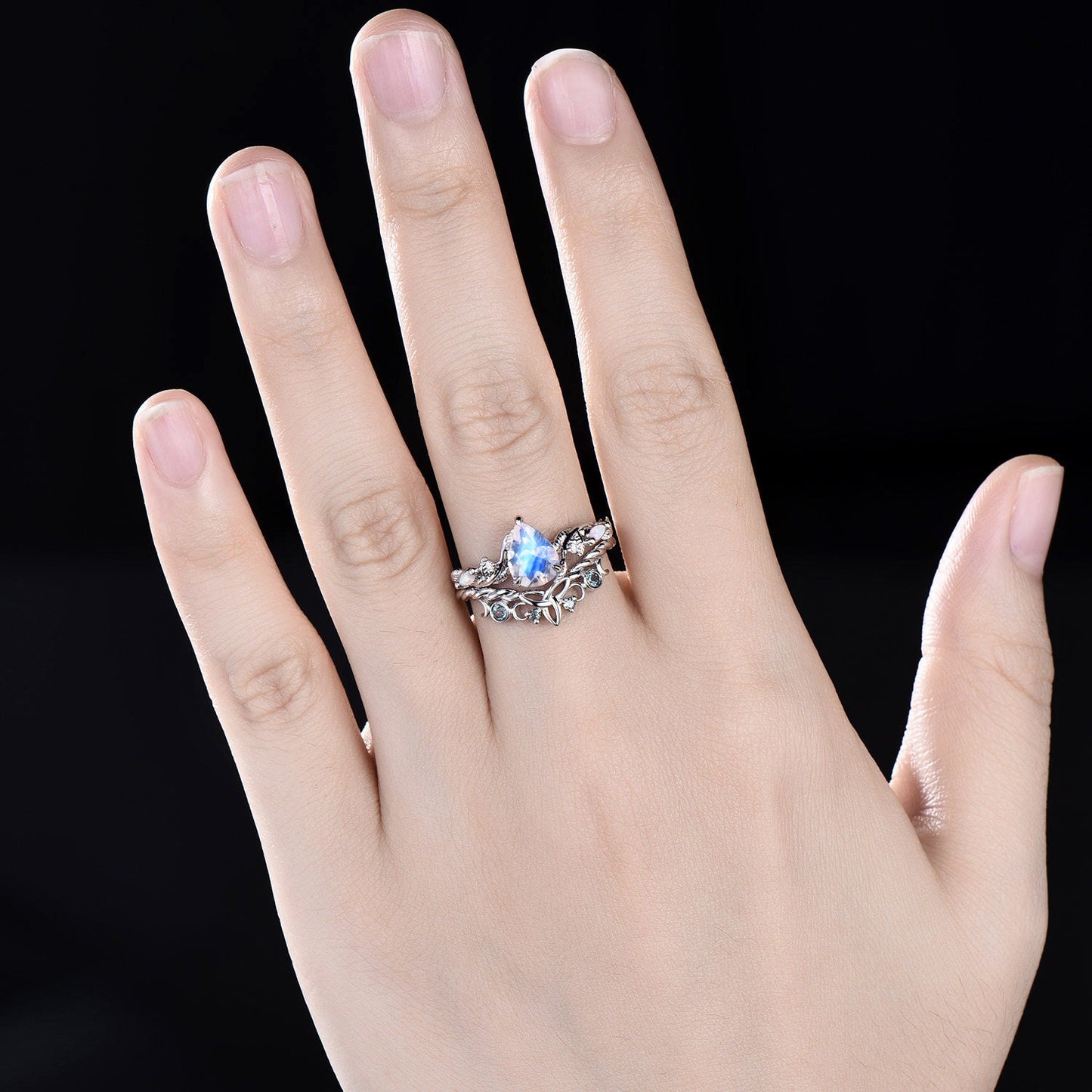 Vintage pear shaped moonstone engagement ring women white gold nature inspired leaf opal alexandrite wedding bridal ring set jewelry