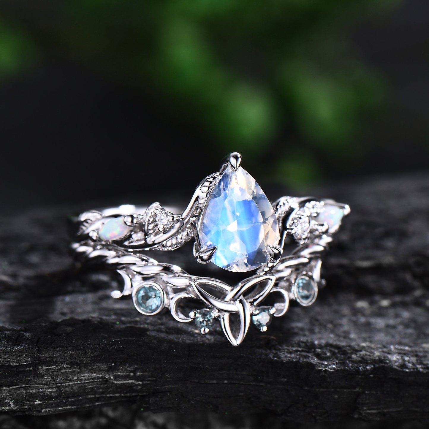 Vintage pear shaped moonstone engagement ring women white gold nature inspired leaf opal alexandrite wedding bridal ring set jewelry