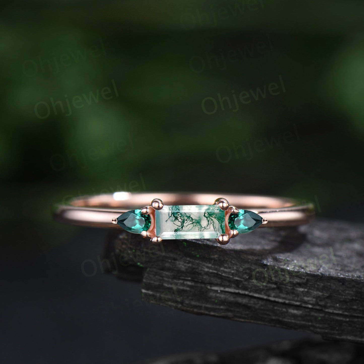 Dainty pear Baguette cut moss agate ring solid 14k rose gold three stone unique engagement ring women wedding anniversary ring gift for her