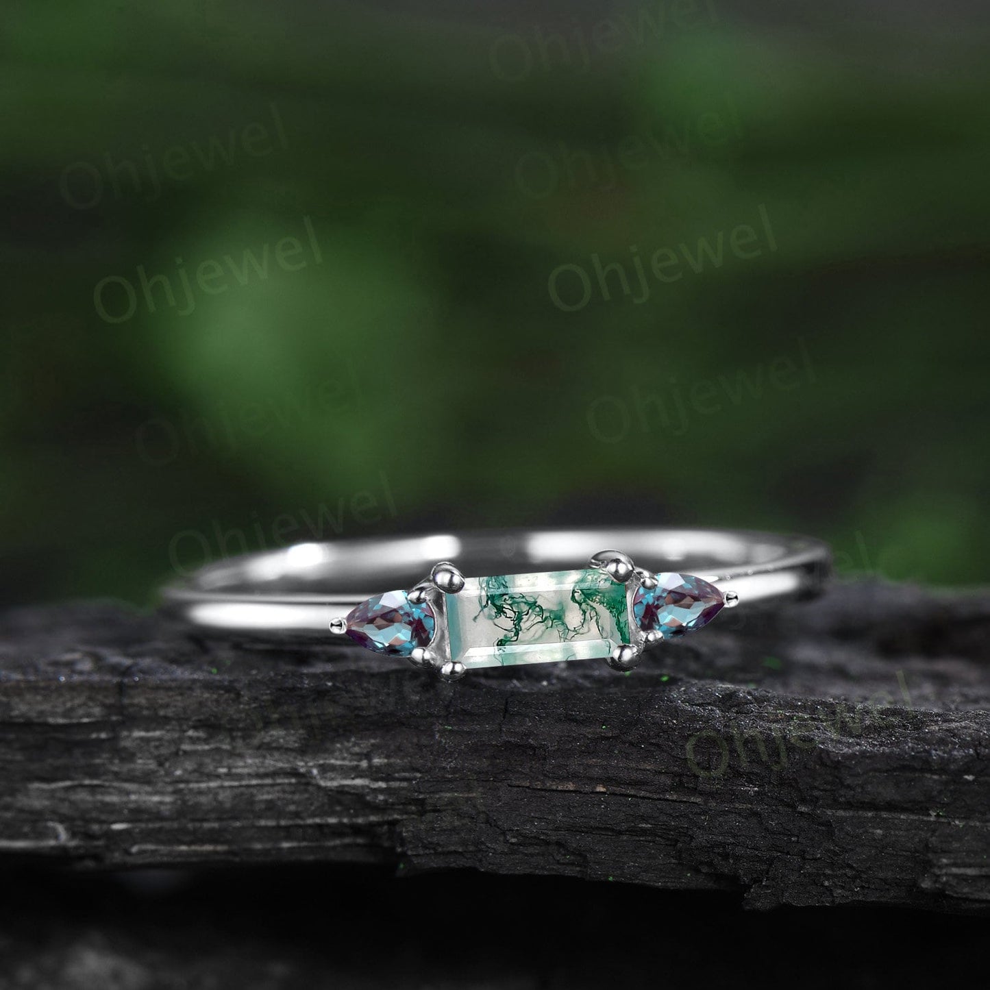 Dainty pear Baguette cut moss agate ring solid 14k rose gold three stone unique engagement ring women wedding anniversary ring gift for her