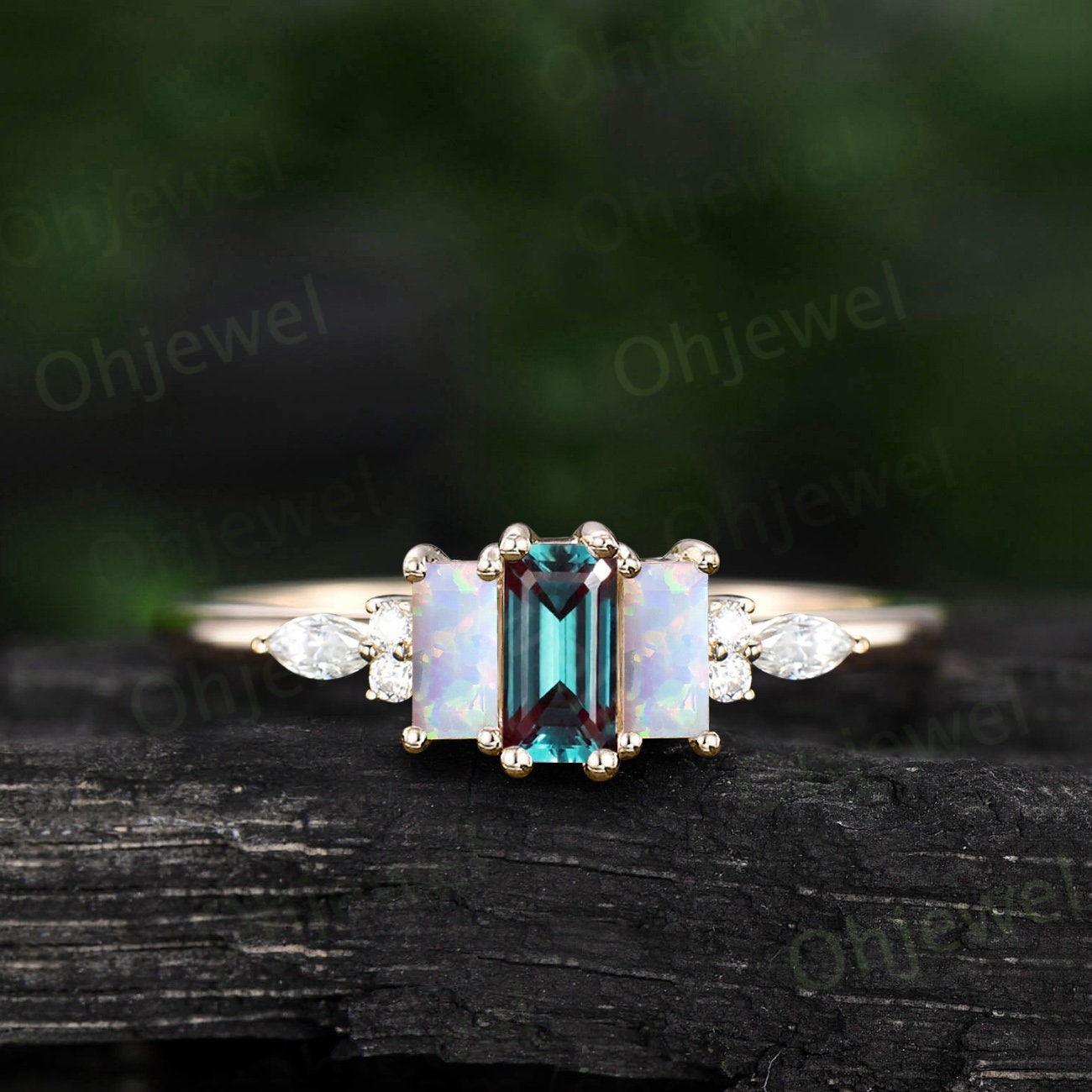 Baguette cut alexandrite moss agate ring dainty moissanite ring rose gold unique engagement ring women Personalized anniversary ring gift