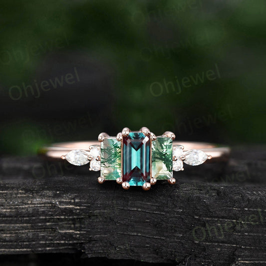 Baguette cut alexandrite moss agate ring dainty moissanite ring rose gold unique engagement ring women Personalized anniversary ring gift