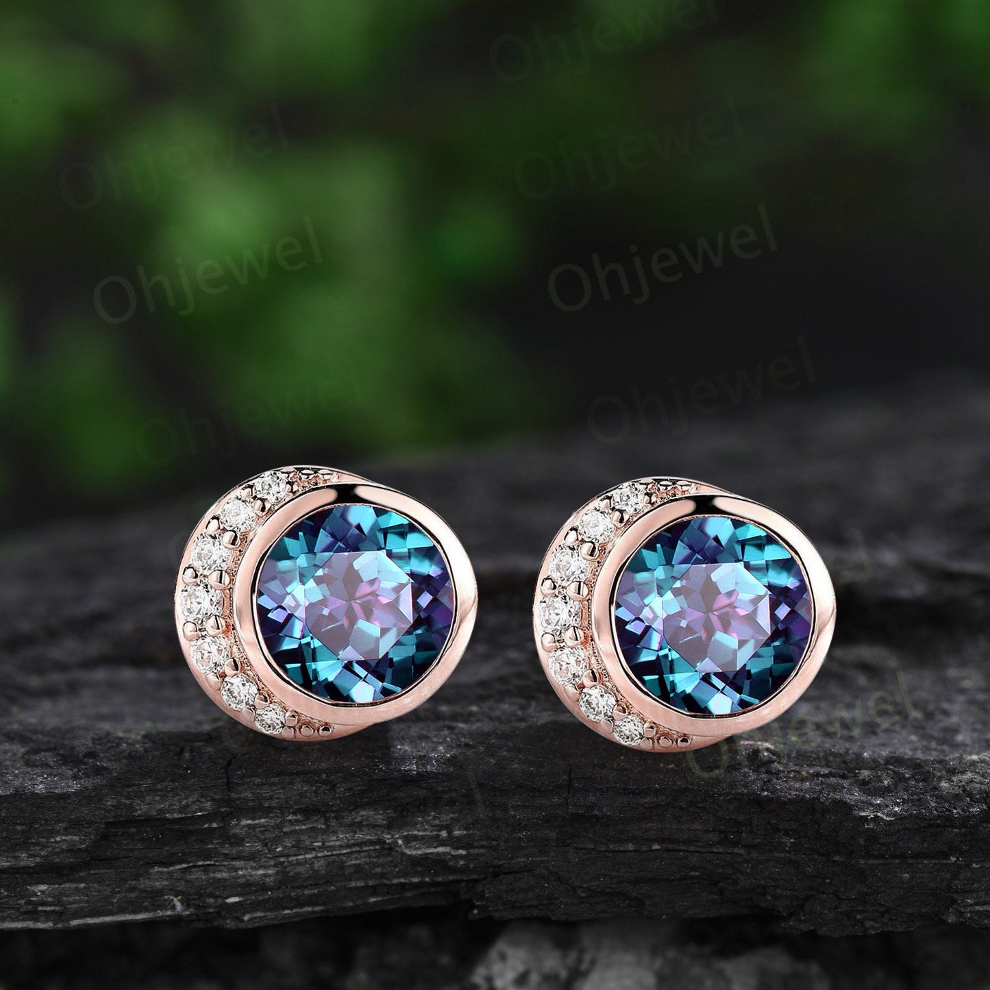 Bezel round cut Alexandrite earrings solid 14k rose gold vintage moon diamond stud earrings women dainty wedding anniversary gift