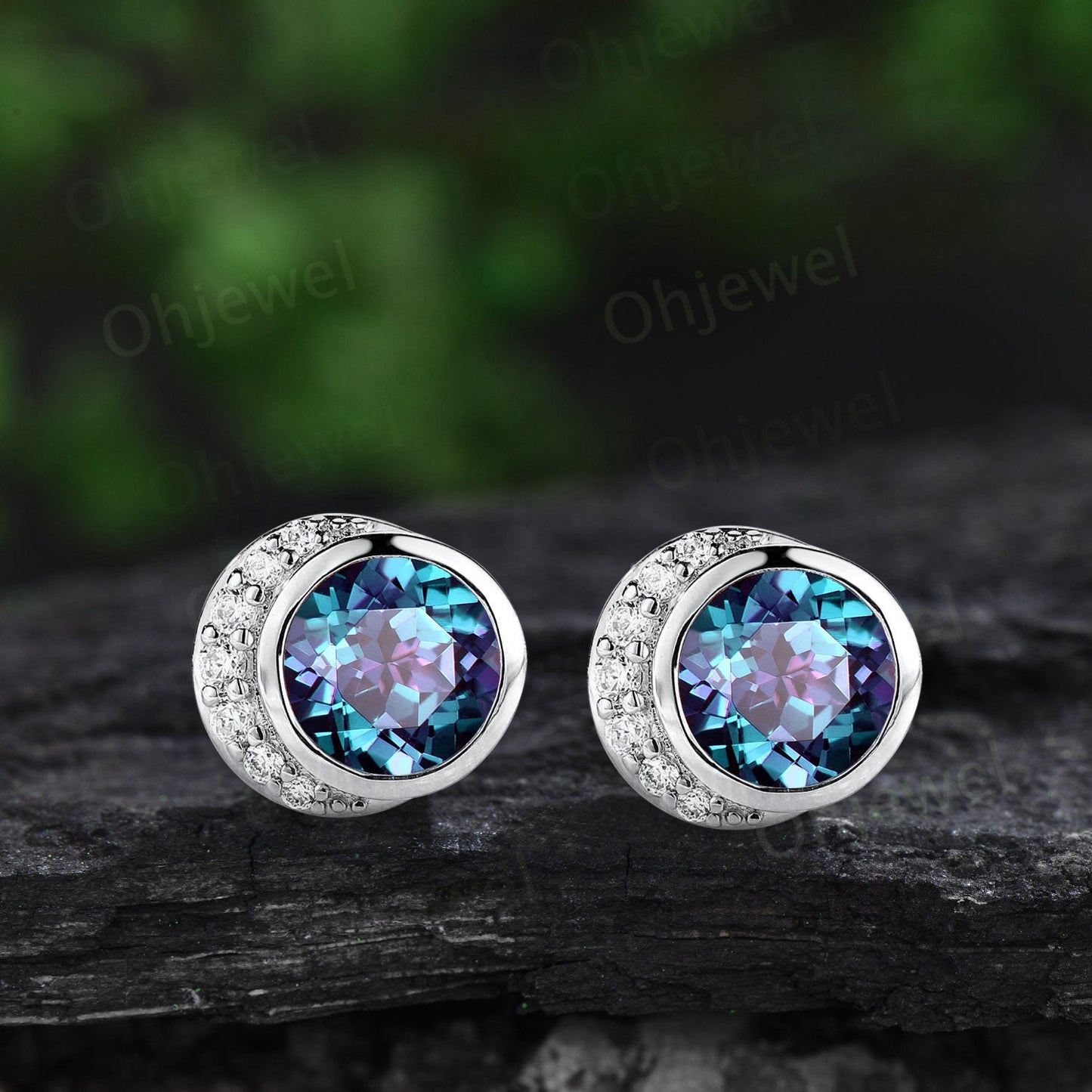 Bezel round cut Alexandrite earrings solid 14k rose gold vintage moon diamond stud earrings women dainty wedding anniversary gift