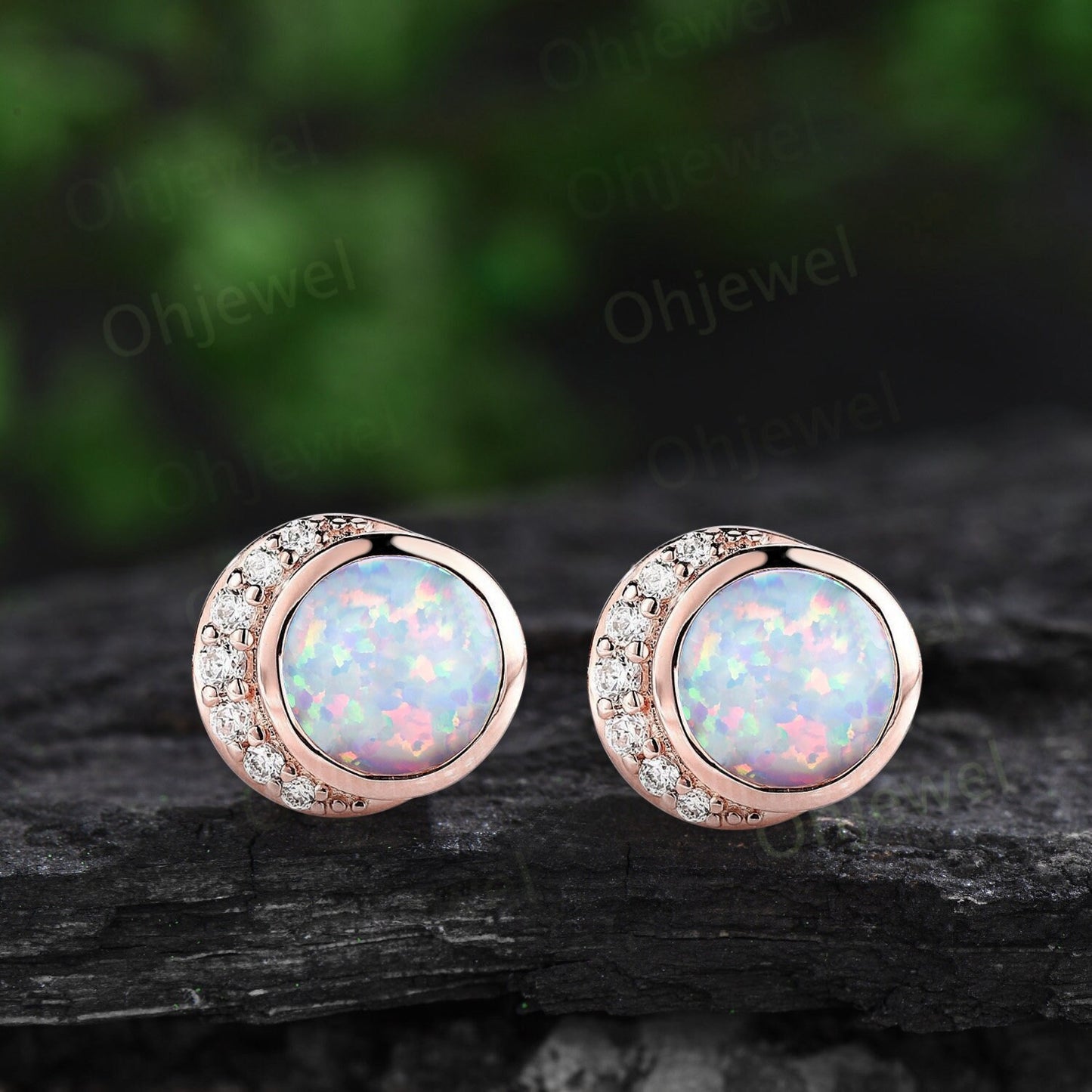 Bezel round white opal earrings solid 14k yellow gold vintage moon diamond stud earrings women dainty bridal anniversary gift jewelry