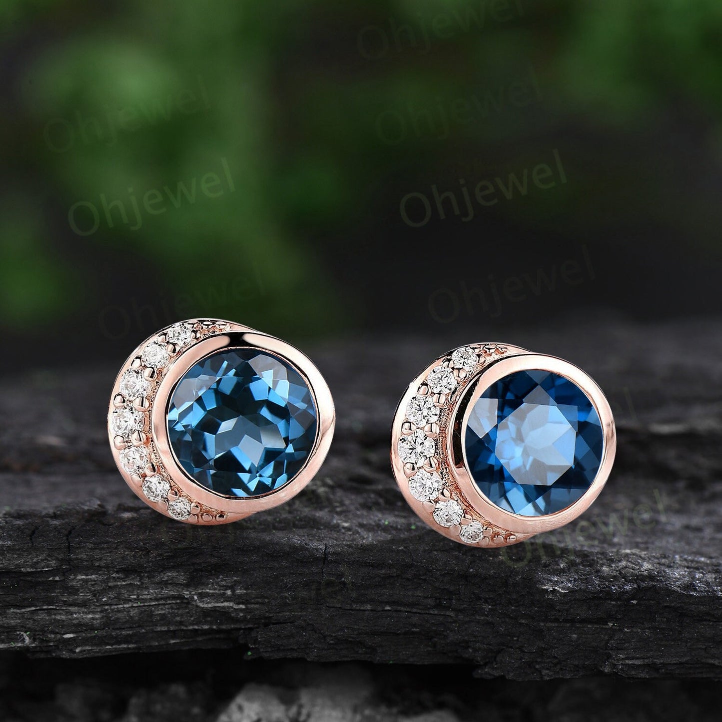 Bezel round London blue topaz earrings solid 14k yellow gold vintage moon diamond stud earrings women dainty bridal anniversary gift jewelry