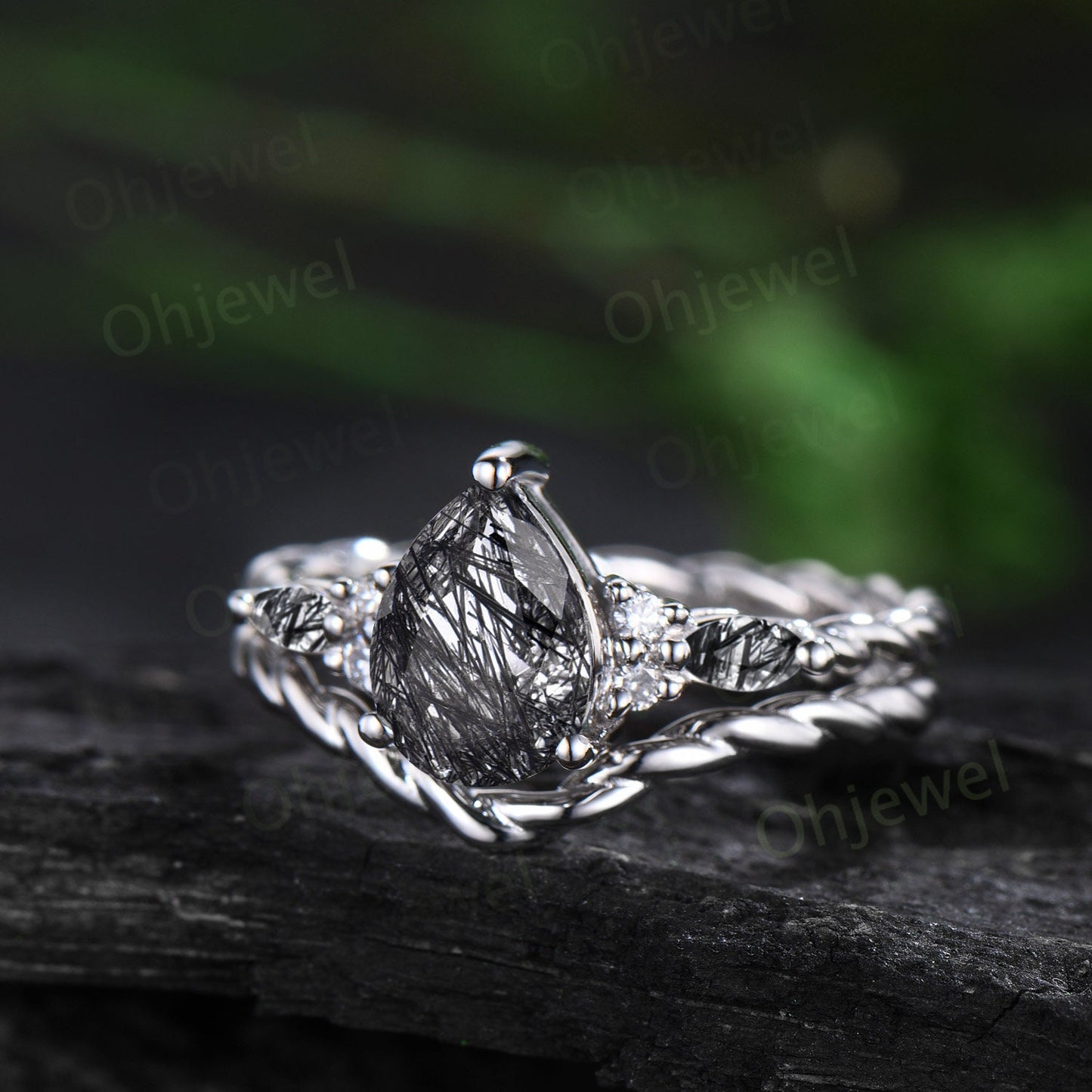 Vintage pear black rutilated quartz ring white gold twisted unique engagement ring moisanite stacking bridal set women gift