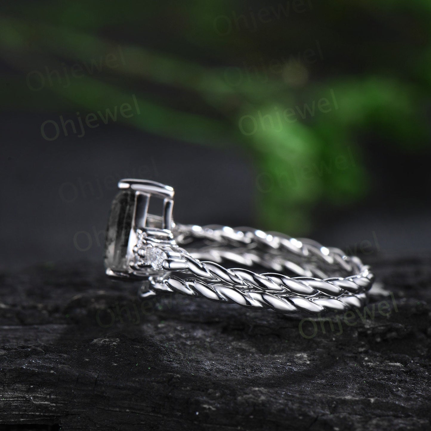 Vintage pear black rutilated quartz ring white gold twisted unique engagement ring moisanite stacking bridal set women gift