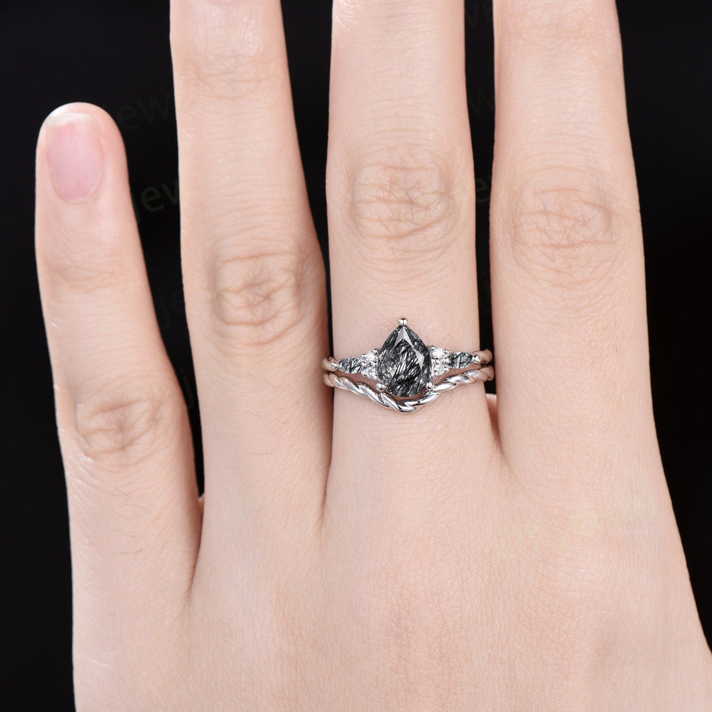 Vintage pear black rutilated quartz ring white gold twisted unique engagement ring moisanite stacking bridal set women gift