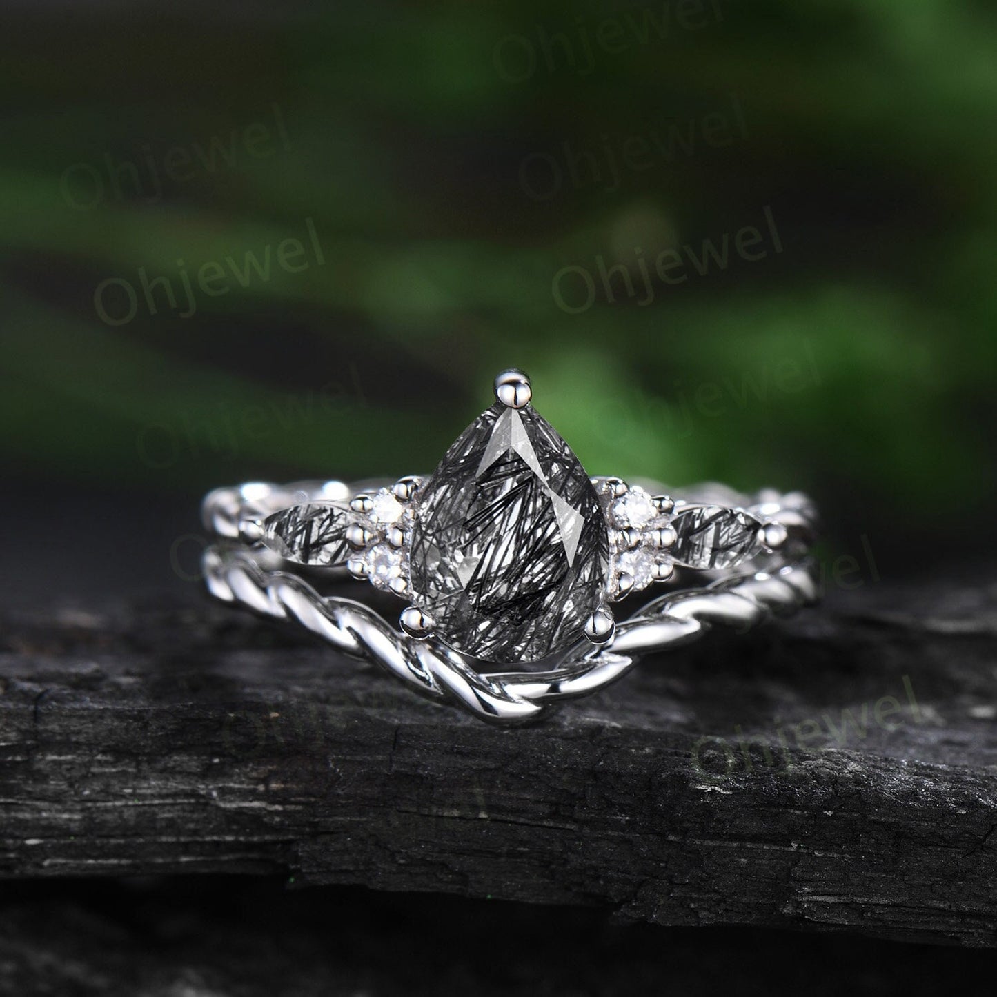 Vintage pear black rutilated quartz ring white gold twisted unique engagement ring moisanite stacking bridal set women gift