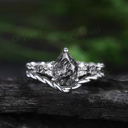 Vintage pear black rutilated quartz ring white gold twisted unique engagement ring moisanite stacking bridal set women gift