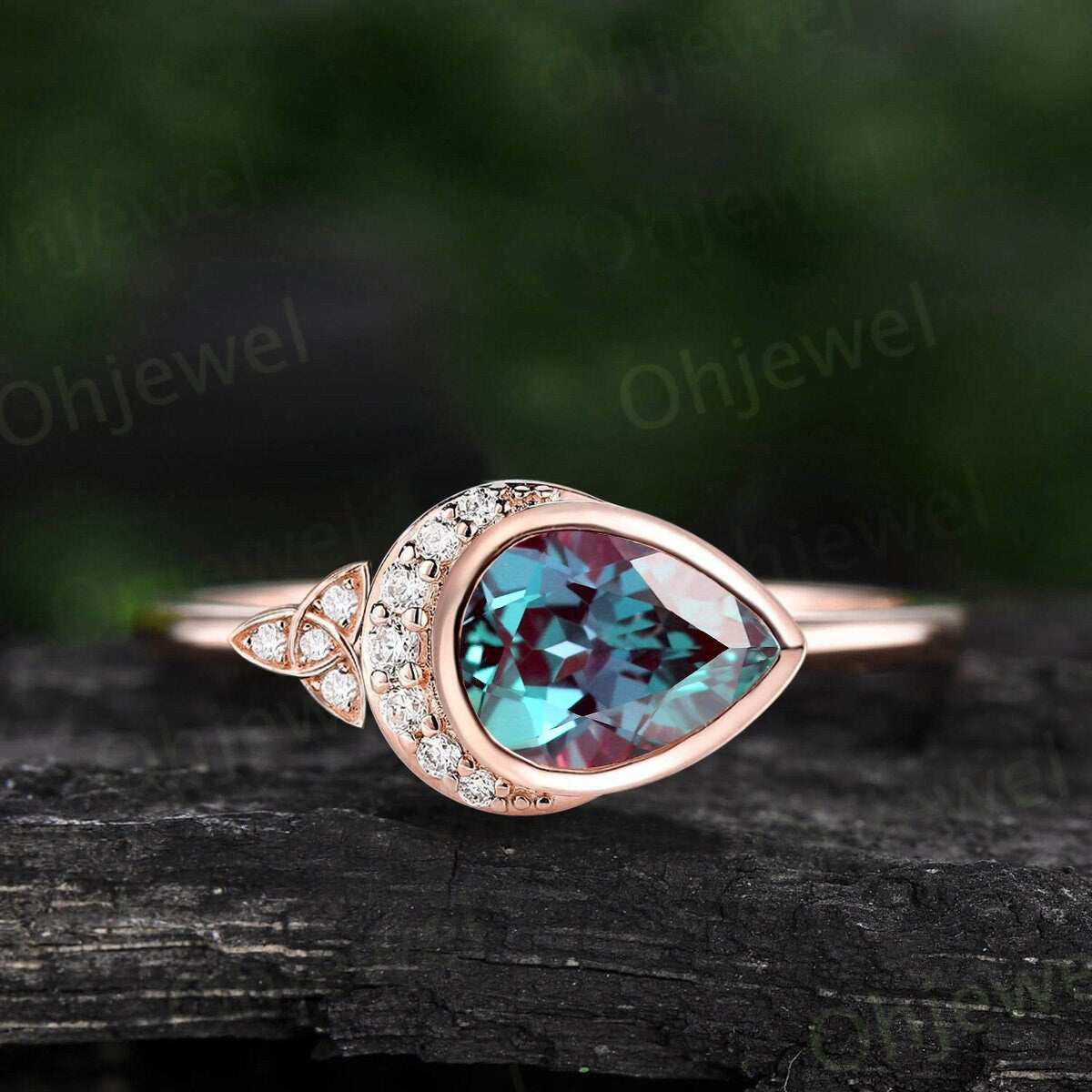 Pear shaped alexandrite ring vintage moon bezel unique engagement ring women solid 14k yellow gold celtic knot diamond anniversary ring gift