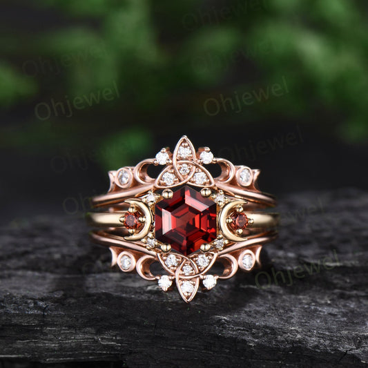 Vintage hexagon cut red garnet engagement ring solid 14k yellow gold moon celtic knot unique bridal wedding ring set women gemstone gift