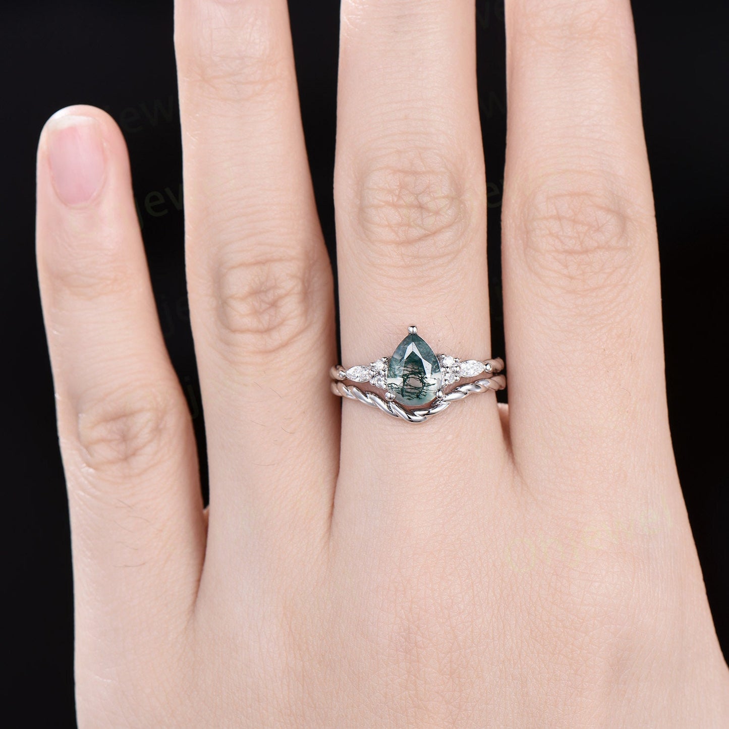 Vintage pear green moss agate ring white gold twisted unique engagement ring moisanite stacking wedding bridal ring set women gift