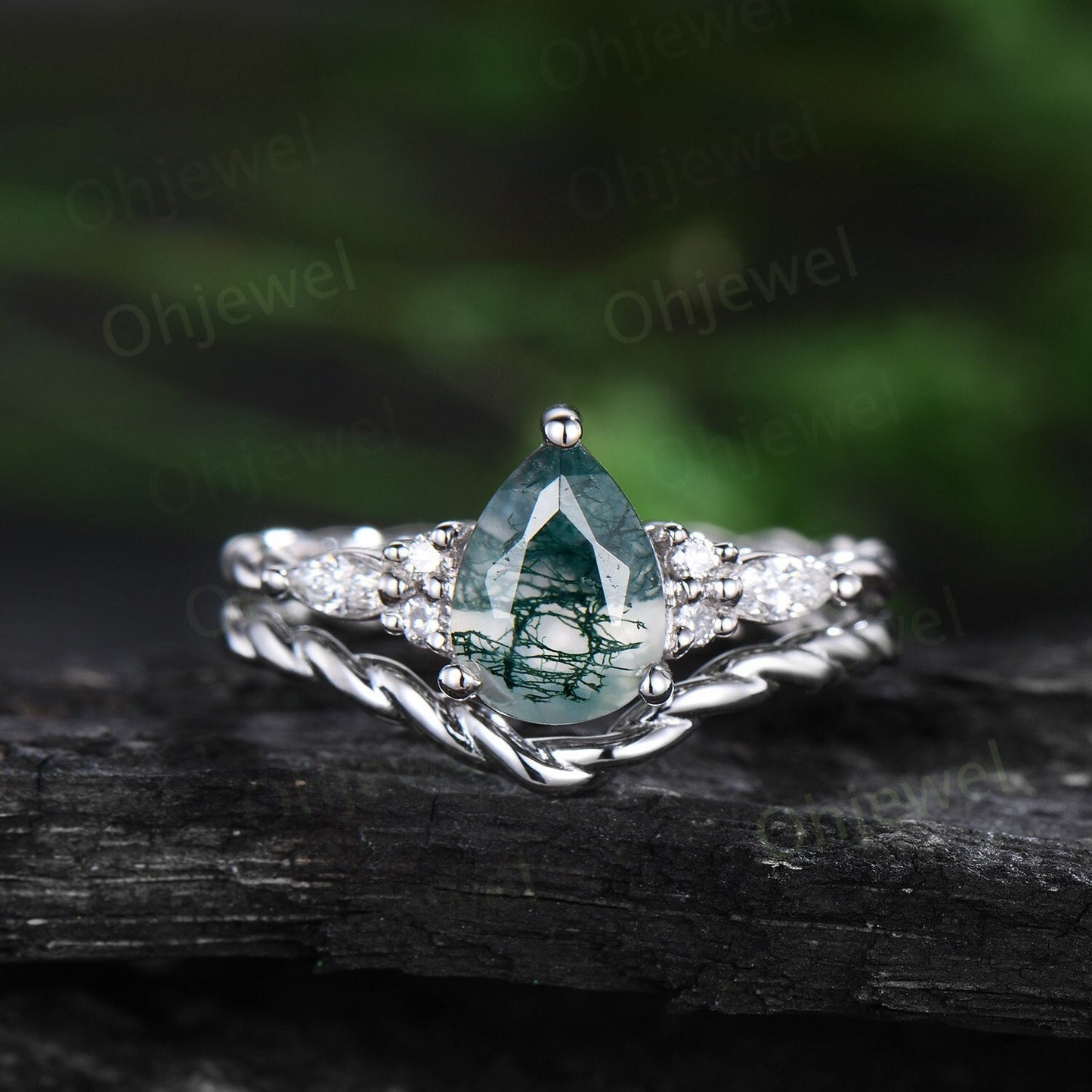 Vintage pear green moss agate ring white gold twisted unique engagement ring moisanite stacking wedding bridal ring set women gift