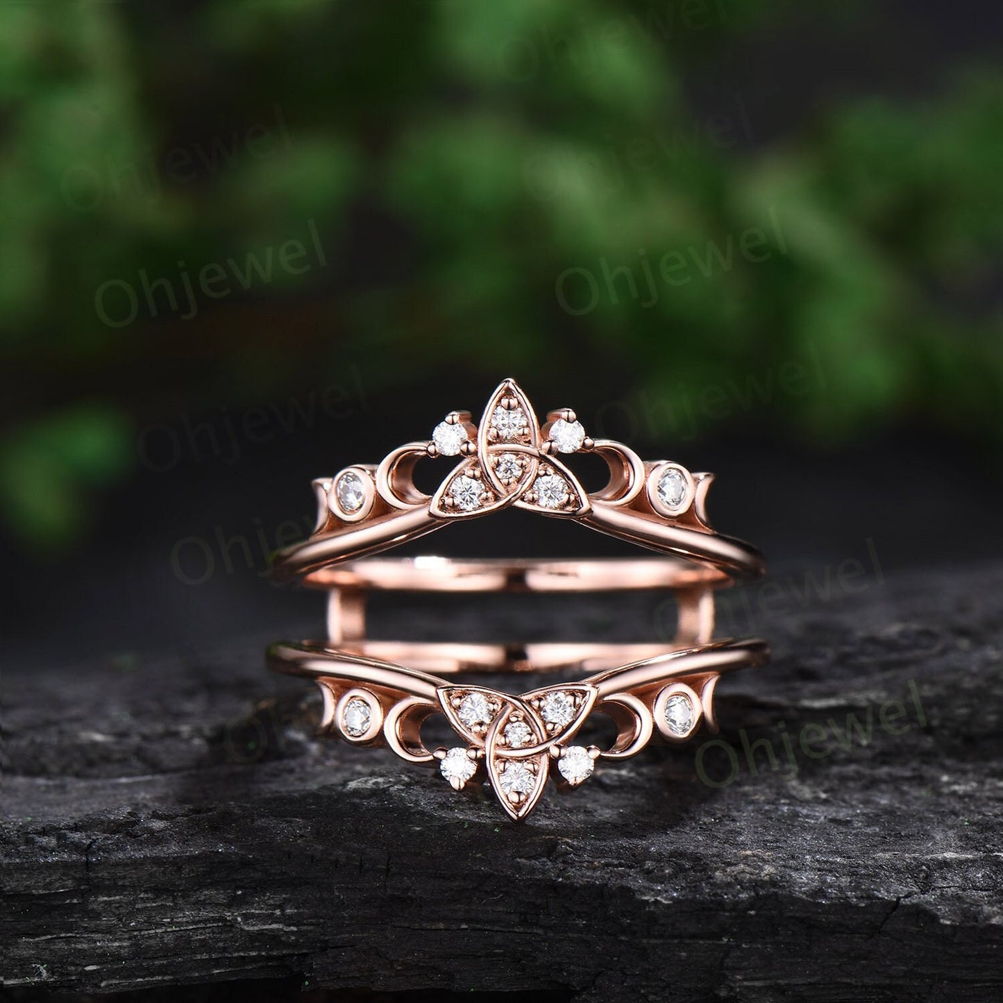 Celtic knot diamond wedding band enhancer solid 14k rose gold vintage bezel moon cluster stacking bridal ring women anniversary gift