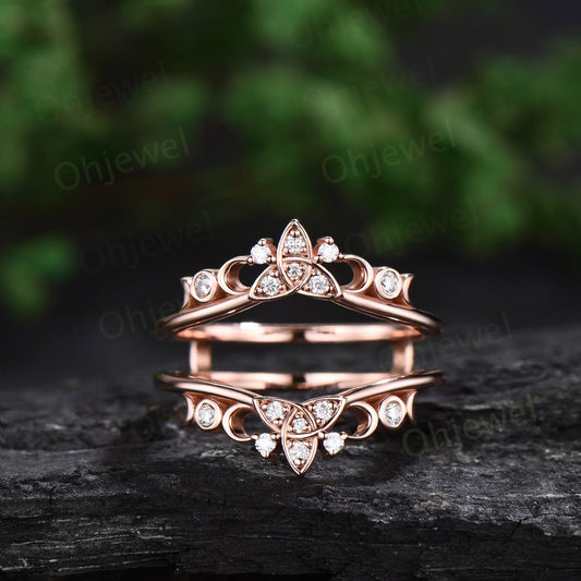 Celtic knot diamond wedding band enhancer solid 14k rose gold vintage bezel moon cluster stacking bridal ring women anniversary gift