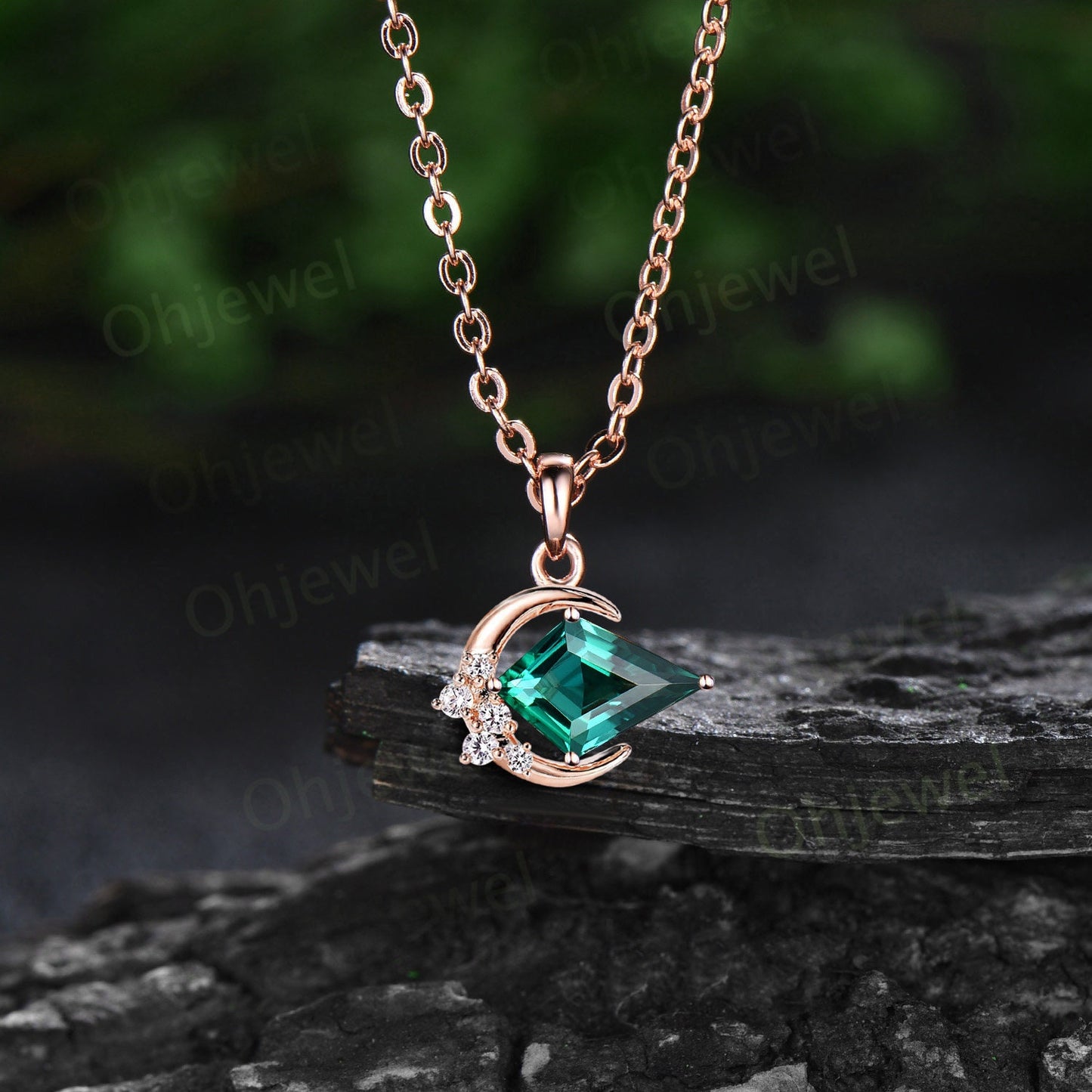 Moon kite cut green emerald necklace solid 14k rose gold Personalized unique cluster diamond Pendant for women gemstone anniversary gift